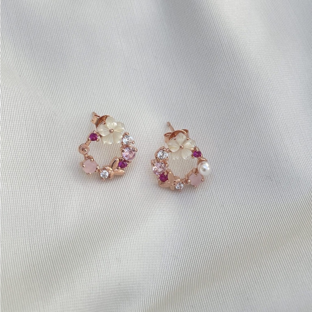 Rose Gold Floral Hoop Earrings With Pink And Pearl Details